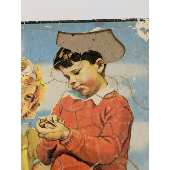 Vintage Jigsaw Puzzle Tray 11 1/4"x14 3/4" Girl Boy Dog Missing 1 Piece - Picture 3 of 6